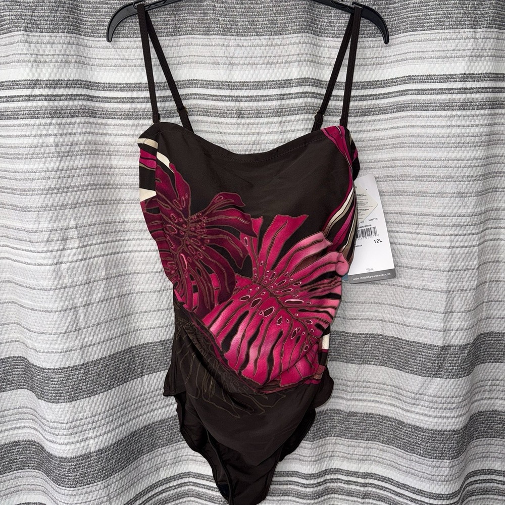 Christina Womens One-Piece Swimsuit 12 Long Torso Brown/pink Tummy Control NWT